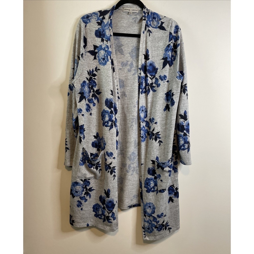 Absolutely Famous Size XL Gray Blue Floral Long Open Front Cardigan